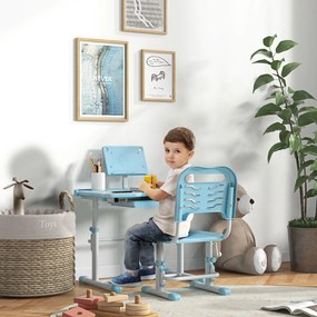 Conjunto de Secretária e Cadeira para Crianças com Altura Ajustável e Ângulo da Mesa Ajustável 80x49,5x82-104 cm Azul