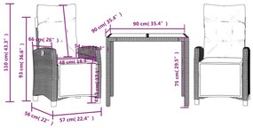 3 pcs conjunto de jantar p/ jardim c/ almofadões vime PE preto