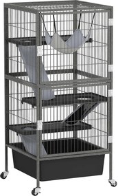 PawHut Gaiola para pequenos animais 4 andares com bandeja elevável Rampas Rede Rodízios Plataformas 52x52x115 cm Cinza | Aosom Portugal