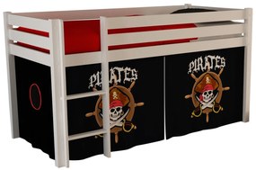 Conjunto Cama alta de Criança PINO 90 x 200 cm + estrado + escada + cortina Piratas Branca