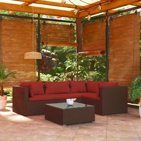vidaXL 5 pcs conjunto lounge jardim c/ almofadões vime PE castanho