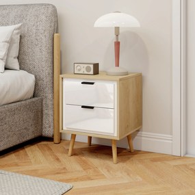 Conjunto de 2 Mesas de Cabeceira Modernas com 2 Gavetas de Deslizamento Silencioso Pés de Madeira 40x35x50 cm Branco Brilhante e Carvalho