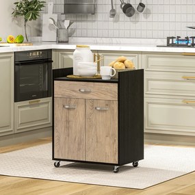 Carrinho de serviço de cozinha com rodas 60 L x 40 P x 77 A cm, gaveta, armário de duas portas e prateleira em madeira cinzenta com efeito de madeira,