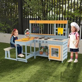 Cozinha de brincar com mesa de piquenique para crianças em madeira de abeto com banco de ardósia, lava-loiça e acessórios para o pátio ou jardim Multi