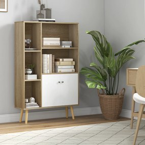 Estante escandinava, 80 x 23,5 x 123  cm, 5 compartimentos abertos, armário com 2 portas, pés afilados e inclinados cor de carvalho