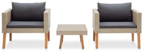 3 pcs conjunto lounge de jardim c/ almofadões vime PE bege