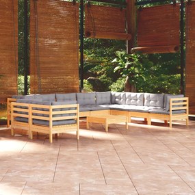 11pcs conjunto lounge de jardim + almofadões cinza pinho maciço