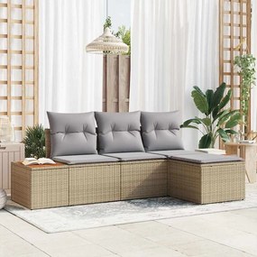 vidaXL Conjunto de Sofá de Jardim com Almofadas Bege Rattan Poliéster Acácia