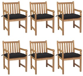 vidaXL Cadeiras de jardim c/ almofadões pretos 6 pcs teca maciça