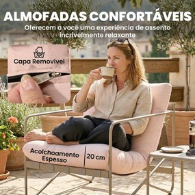 Conjunto de Jardim de 4 peças com Sofá de 2 Lugares 2 Poltronas Mesa de Vidro Temperado e Almofadas Grossas para Terraço Rosa