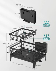 Escorredor de pratos com dois níveis 31 x 42 x 36,5 cm Preto