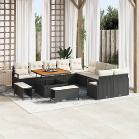 Conjunto de Sofá de Jardim vidaXL de 13 Peças com Almofadas Rattan Preto Acácia