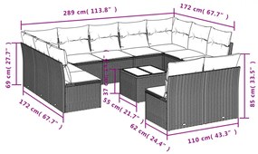 12 pcs conjunto de sofás jardim com almofadões vime PE castanho