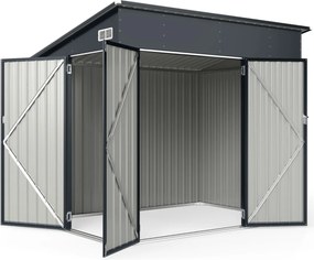 Abrigo de jardim 235 x 174 x 197 cm com 3 portas, fechadura e telhado inclinado em aço galvanizado para ferramentas e bicicletas, cinza escuro
