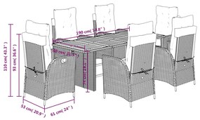 7 pcs conj. jantar jardim c/ almofadões vime PE bege misturado