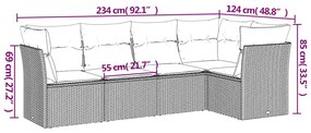 5 pcs conj. sofás jardim c/ almofadões vime PE cinzento-claro