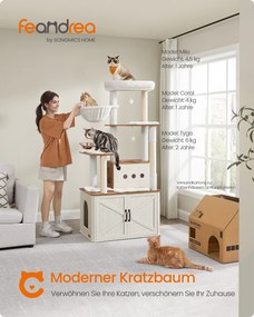 Arranhador para gatos de 170 cm, com caverna e recanto em castanho-mel e branco vintage