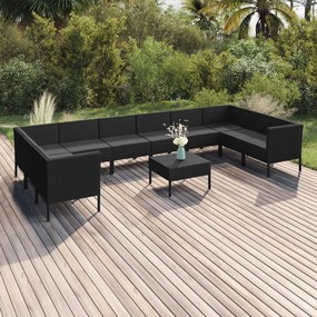 vidaXL 11 pcs conjunto lounge de jardim c/ almofadões vime PE preto