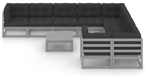 10pcs conjunto lounge de jardim + almofadões pinho maciço cinza