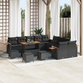 Conjunto de Sofá de Jardim de 14 Peças com Almofadas Preto Polirattan Acácia