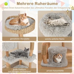 Arranhador Gatos de 124 cm de altura feito de madeira com caverna para gatos, superfície de assento em pelúcia cinzento