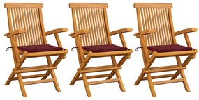 vidaXL Cadeiras jardim c/ almofadões vermelho tinto 3 pcs teca maciça