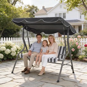 Baloiço de jardim de 3 lugares com cobertura impermeável, inclinação ajustável e almofadas de assento e encosto em cinzento e branco às riscas