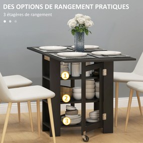 Mesa de cozinha e de jantar dobrável e desmontável  120 x 60 x 75 cm, com 3 prateleiras e 2 abas, design moderno, preta