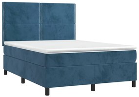 Cama box spring c/ colchão/LED 140x200 cm veludo azul-escuro