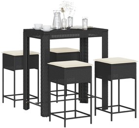 5 pcs conjunto de bar p/ jardim c/ almofadões vime PE preto