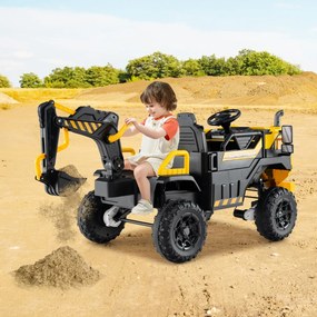 Escavadora elétrica 24 V, 4x4, para crianças com comando à distância, música, luzes, braço de escavação amarela