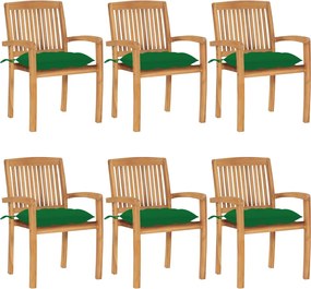 vidaXL Cadeiras de jardim empiháveis c/ almofadões 6 pcs teca maciça