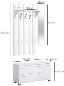 Móvel Cabide de Entrada com Espelho Ganchos e Sapateira Móvel de Entrada com 3 Ganchos Prateleira e 2 Gavetas Branco