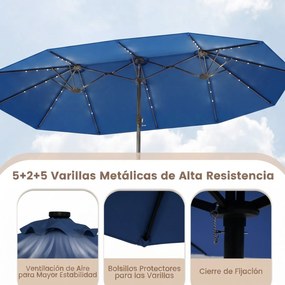 Guarda-sol duplo 460 x 285 cm com 48 luzes LED, 3 aberturas de ventilação, 12 varas, base e manivela para jardim, terraço e piscina – azul