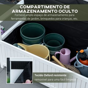 Outsunny Banco de Madeira Exterior de 2 Lugares com Espaço de Armazenamento e Tecido Oxford Banco Baú de Jardim Terraço com Apoio para os Braços Carga 250kg 125x68,5x97 Branco