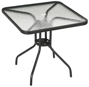 Outsunny Mesa de Jardim Quadrada 76x76x72 cm com Orifício para Chapéu de Sol e Tampo de Vidro Temperado para Pátio Terraço Preto