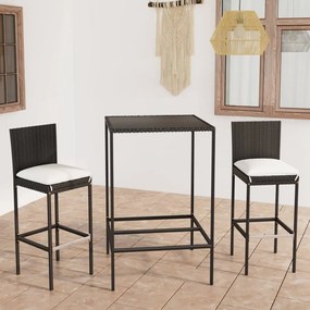 vidaXL 3 pcs conjunto bar de jardim com almofadões vime PE preto