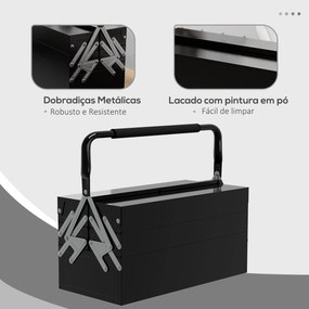 Caixa de Ferramentas de Aço Dobrável com 5 Compartimentos Mala de Ferramentas com Pega para Oficina e Casa 45x20x34,5 cm Preto