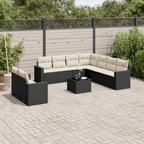 10 pcs conjunto sofás de jardim c/ almofadões vime PE preto
