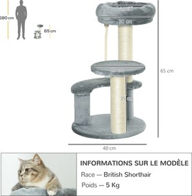 Arranhador para gatos com 2 arranhadores de sisal natural, 3 plataformas e corda para trepar; dimensões: Ø 40 x 65 cm (altura); pelúcia de alta densid