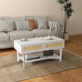 Mesa de Centro com 2 Gavetas Decorativas de Vime e Prateleira Inferior para Sala de Estar Escritório 100x50x50 cm Branco
