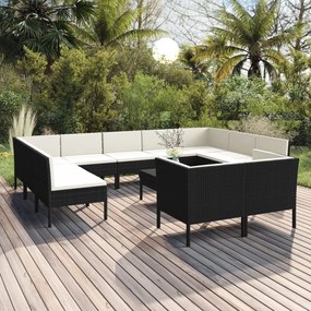 vidaXL 12 pcs conjunto lounge de jardim c/ almofadões vime PE preto