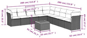 10 pcs conjunto sofás de jardim c/ almofadões vime PE cinzento