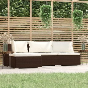 4 pcs conjunto lounge jardim c/ almofadões vime PE castanho