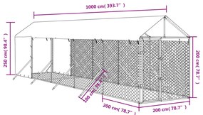Canil de exterior com teto 2x10x2,5 m aço galvanizado prateado