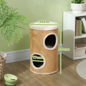 Barril Arranhador para Gatos de 2 Andares Arranhador para Gatos com 2 Cavernas e Cobertura de Sisal Ø35x60 cm Castanho