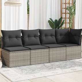 vidaXL Sofá de jardim 4 lugares com almofadões vime PE cinzento