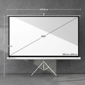 Ecrã de Projeção com Suporte Portátil 100 Polegadas Formato 16:9 Altura Ajustável 221x124 cm Branco