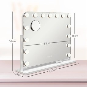 Espelho de maquilhagem 63 x 50 cm com iluminação LED de intensidade regulável, espelho de aumento, porta de carregamento USB, rotação de 360°,  branco