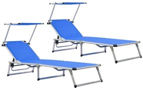 Espreguiçadeiras dobráveis c/ teto 2pcs alumínio/textilene azul